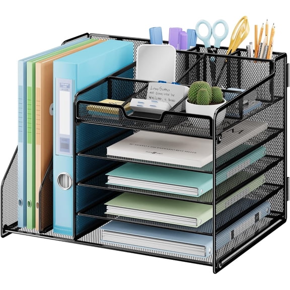 Desk Organizer, 5-Tier Metal Mesh Paper Letter Tray with 2 File Holders & 7 Flexible Dividers for Office or Home Desk