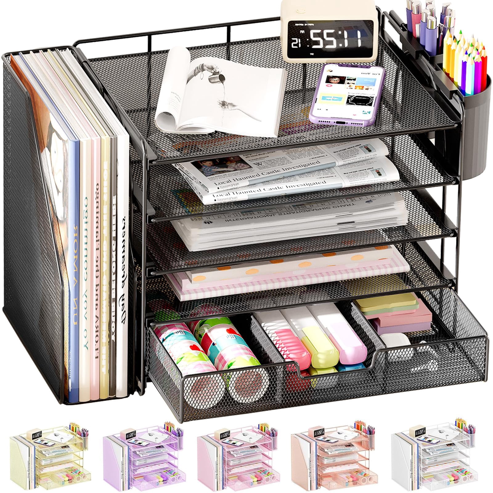 Desk Organizer  5-tier Paper File With Drawer & Pen Holder Office Accessories Workspace Desktop For Supplies(black)