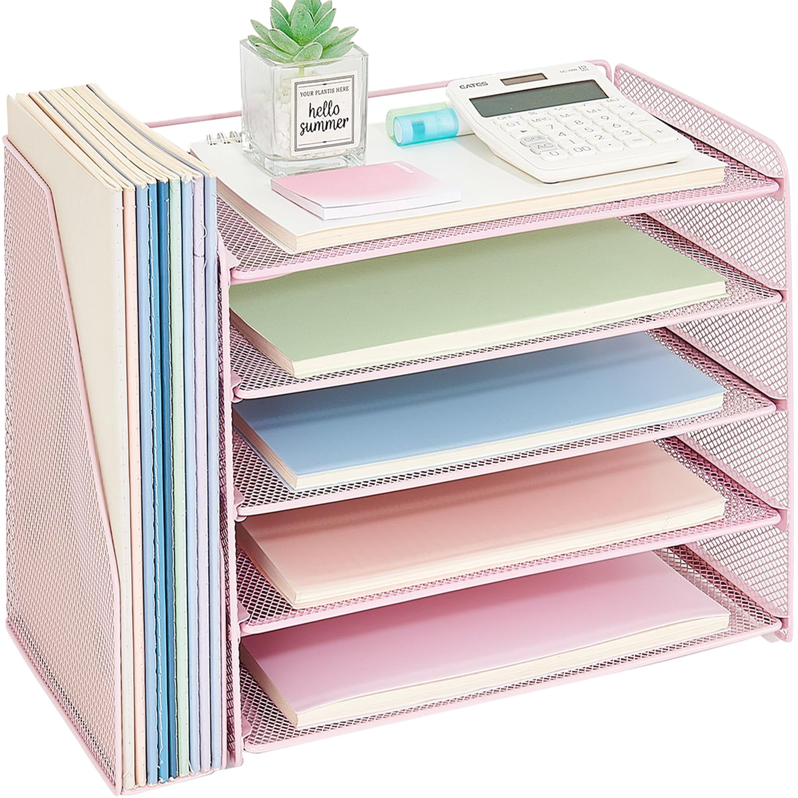 Desk Organizer  5-tier Paper Letter Tray With Magazine Holder Office Accessories & Workspace Organizers Desktop File For Supplies Storage Pink