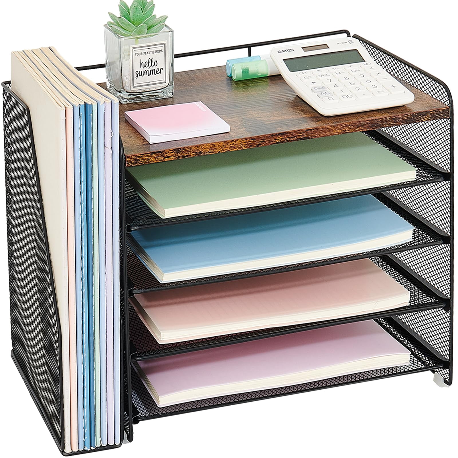 Desk Organizer  5-tier Paper Letter Tray With Magazine Holder Office Accessories & Workspace Organizers Desktop File For Supplies Storage Wood