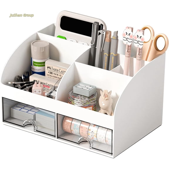 Desk Organizer with 6 Compartments and 2 Drawers, Plastic Makeup Organizer, Pen Holder for Desktop Storage, Desk Organization for School, Home, Office Supplies (White)