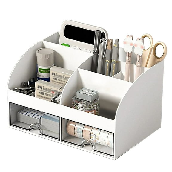 Style-Carry Desk Organizer with 6 Compartments and 2 Drawers, Plastic Desktop Organizer & Pencil Holder, White
