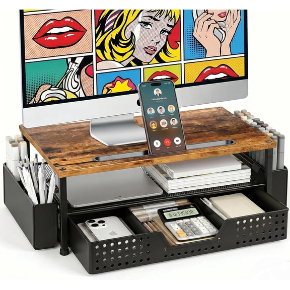Desk Organizer and Accessories, 2-Tier Computer Monitor Stand Rise with Phone Holder, Drawer & 2 Pen Holders, Laptop & Printer Stand for Desktop, Workspace Organizers for Office Supplies (Brown Wood)