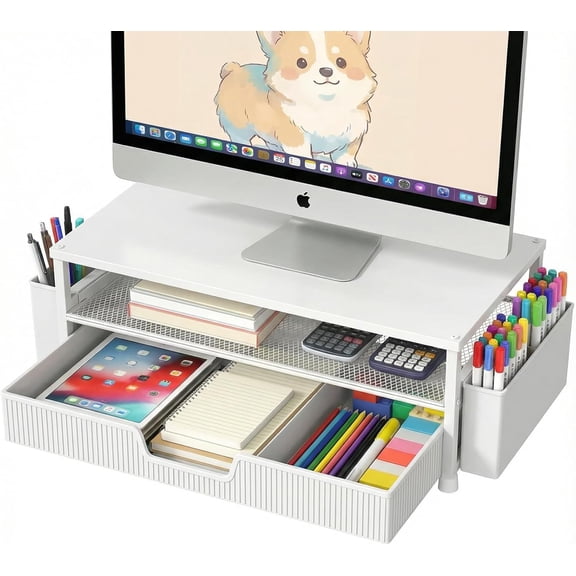 Desk Organizer and Accessories, 2-Tier Computer Monitor Stand Rise with Storage Drawer & 2 Pen Holders, Laptop Printer for Desktop, Workspace Organizers Office Supplies (White)