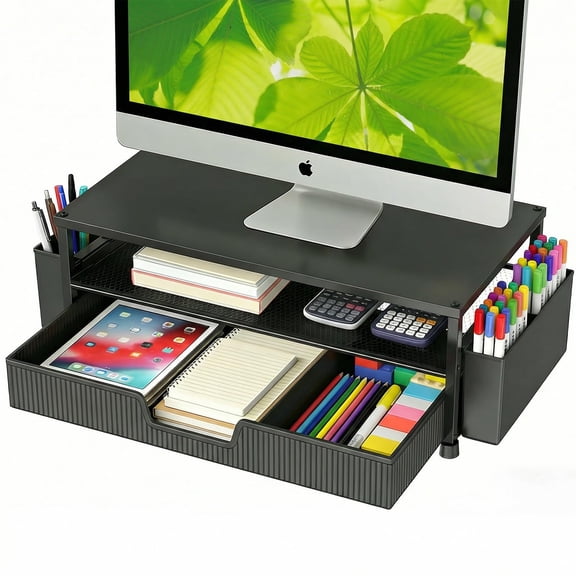 Desk Organizer and Accessories, 2-Tier Computer Monitor Stand Rise with Storage Drawer & 2 Pen Holders, Laptop & Printer Stand for Desktop, Workspace Organizers for Office Supplies (White)