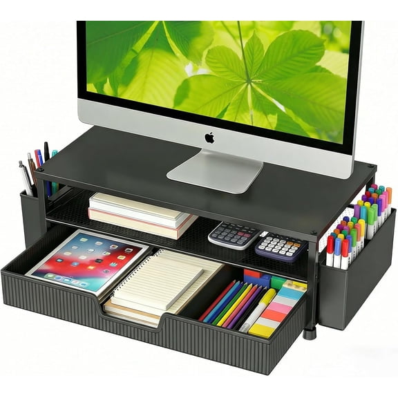 Desk Organizer and Accessories, 2-Tier Computer Monitor Stand Rise with Storage Drawer & 2 Pen Holders, Laptop & Printer Stand for Desktop, Workspace Organizers for Office Supplies (Black)