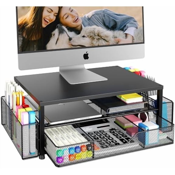Desk Organizer and Accessories, 2-Tier Computer Monitor Stand Riser with Drawer and 2 Pen Holders, Laptop Stand, Office Desk Accessories for Office Supplies, Black