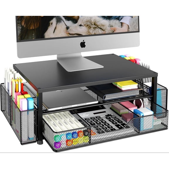 Desk Organizer and Accessories, 2-Tier Computer Monitor Stand Riser with Drawer and 2 Pen Holders, Laptop Stand, Office Desk Accessories for Office Supplies, Black