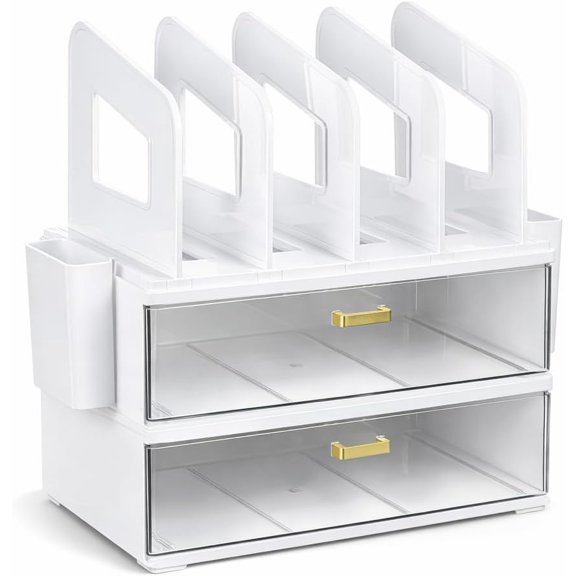Desk Organizer and Accessories, 2-Tier Desktop File Organizer with Acrylic Drawers and 2 Pen Holders, Multi-Functional Desktop Organizer, File Sorters for Office Supplies (White)