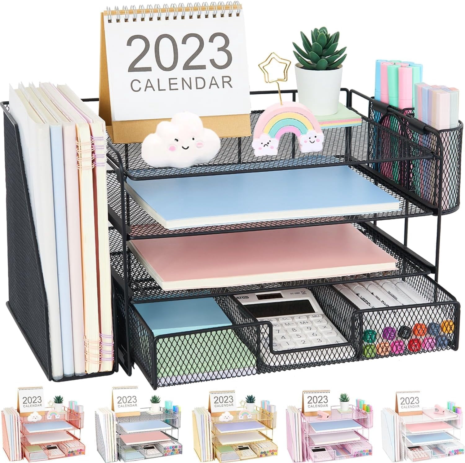 Desk Organizer and Accessories, 4-Tier Desktop File Organizer with Drawer and 2 Pen Holders, Office Desk Accessories, Workspace Organizers for Office Supplies(Black)
