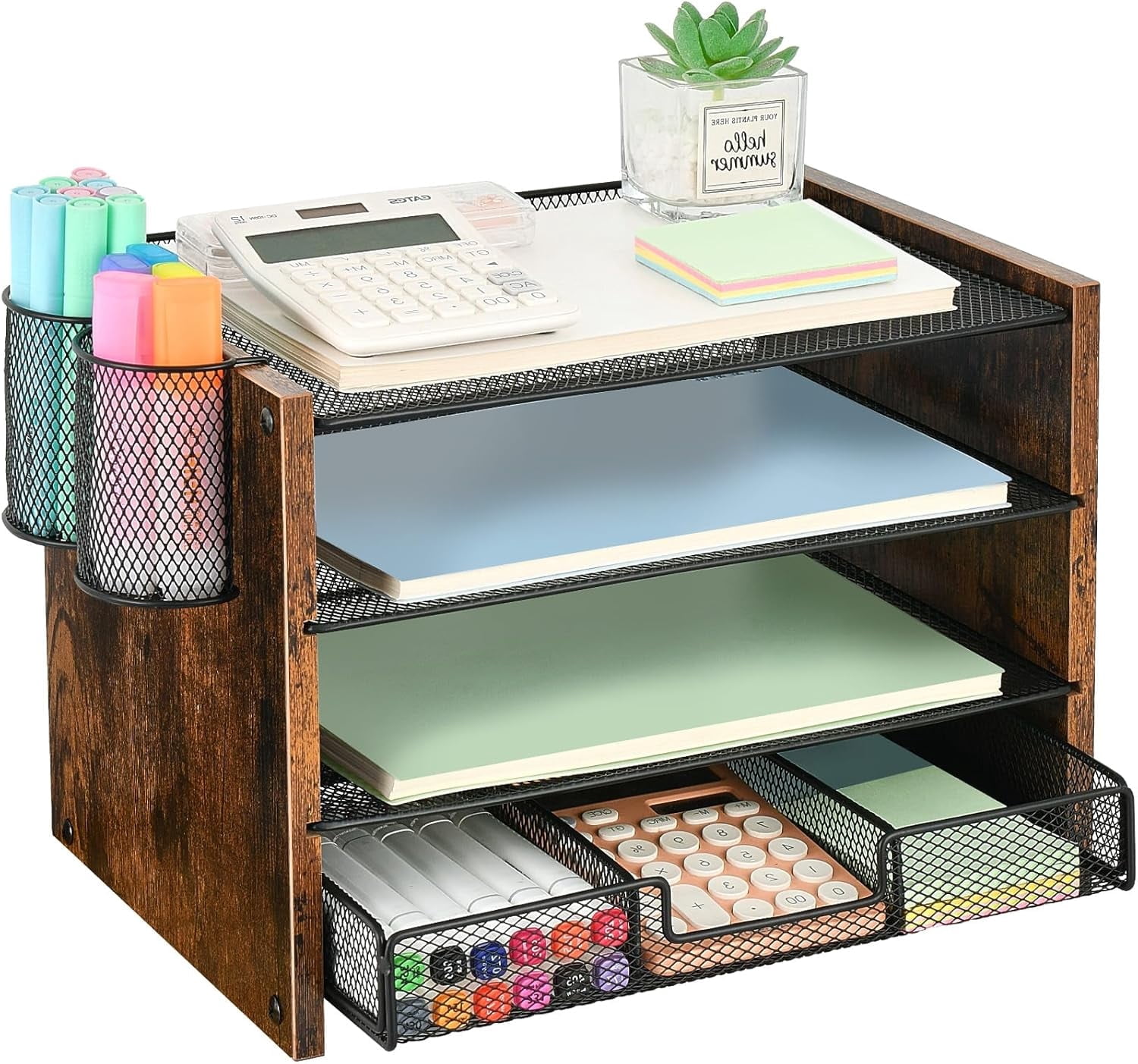 Desk Organizer and Accessories, 4-Tier Paper Letter Tray File Organizer with Drawer & 2 Pen Holder, Office Desk Accessories Workspace Desktop Organizer for Office Supplies(Brown)