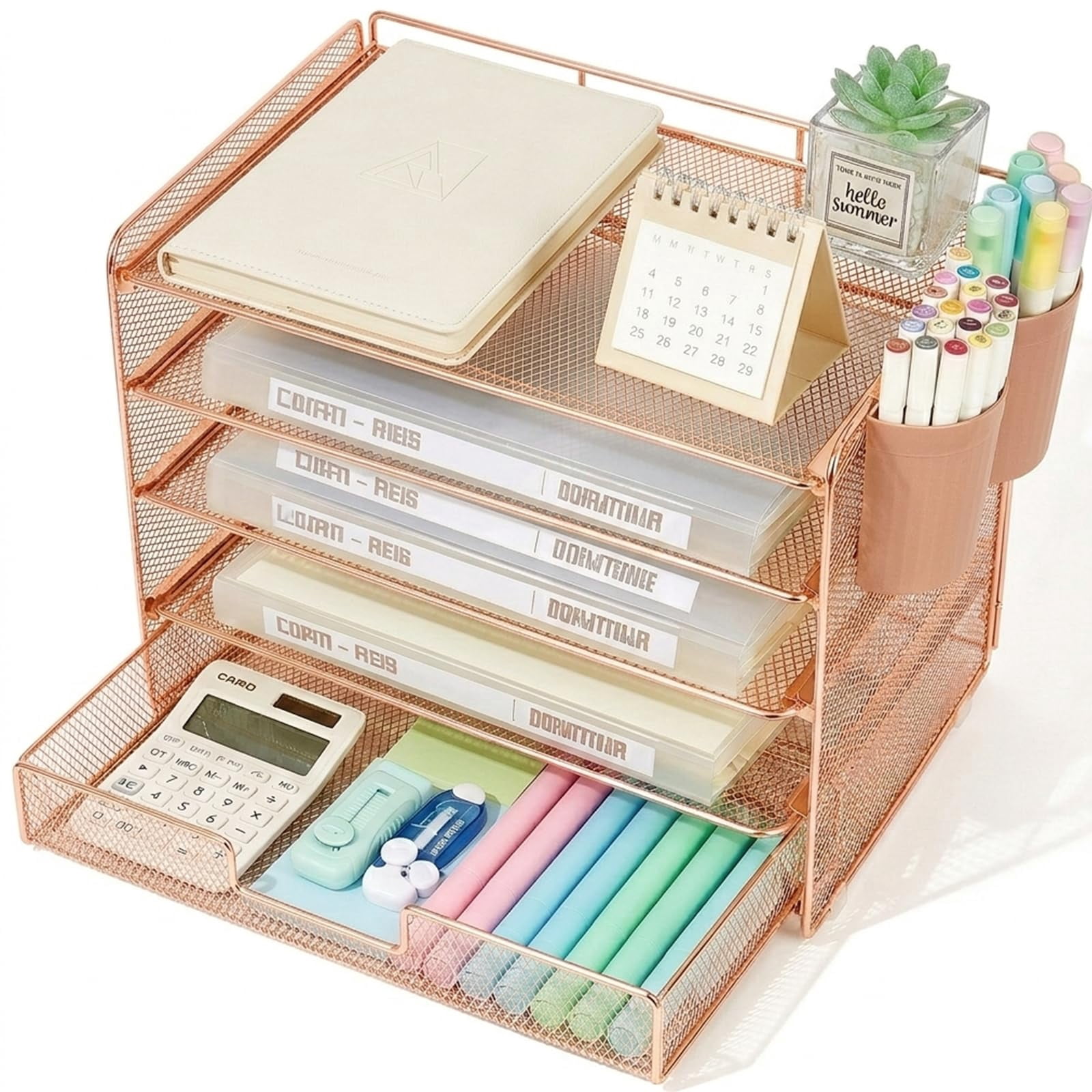 Desk Organizer And Accessories  5-tier Paper Letter Tray With Drawer & 2 Pen Holders For Desktop File Organization Office Supplies Storage (rose Gold)