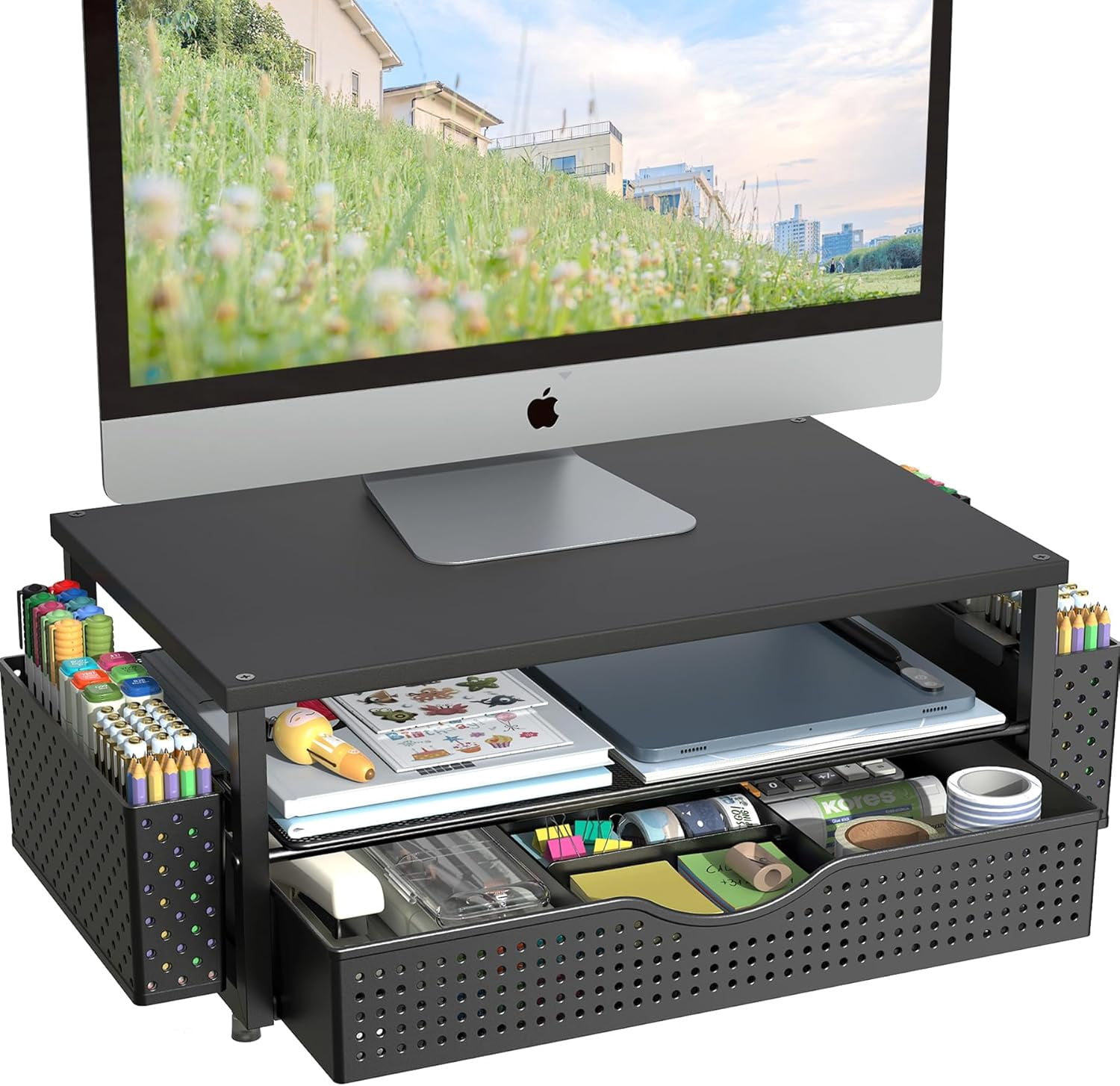 Desk Organizer and Accessories, Computer Monitor Stand Riser with Drawer 2 Pen Holders, Office Accessories & Workspace Organizers for Supplies (Black)