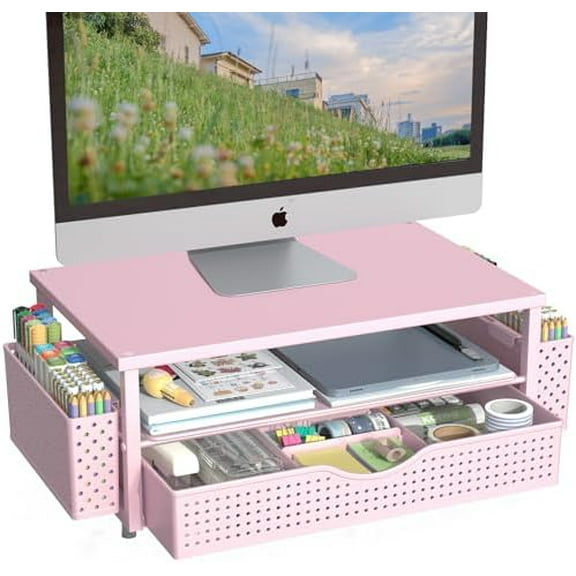 Desk Organizer and Accessories, Computer Monitor Stand Riser with Drawer and 2 Pen Holders, Office Desk Accessories & Workspace Organizers for Office Supplies (Pink)