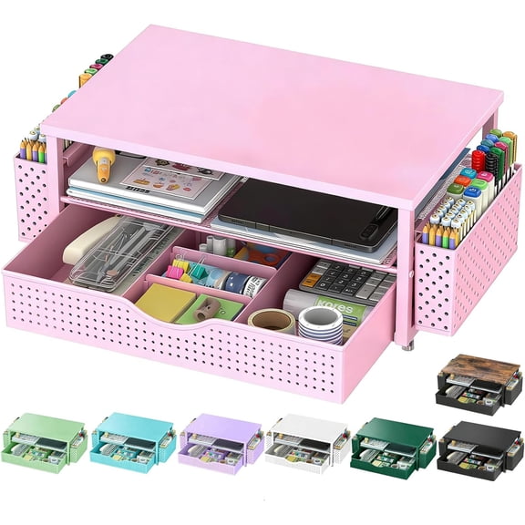Desk Organizer and Accessories, Computer Monitor Stand Riser with Drawer and 2 Pen Holders, Office Desk Accessories & Workspace Organizers for Office Supplies (Pink)
