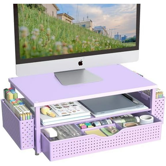 Desk Organizer and Accessories, Computer Monitor Stand Riser with Drawer and 2 Pen Holders, Office Desk Accessories & Workspace Organizers for Office Supplies (Purple)