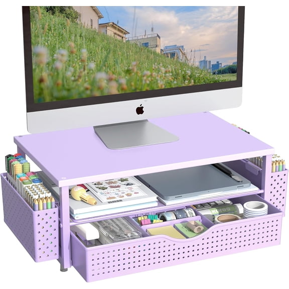 Desk Organizer and Accessories, Computer Monitor Stand Riser with Drawer and 2 Pen Holders, Office Desk Accessories & Workspace Organizers for Office Supplies (Purple)