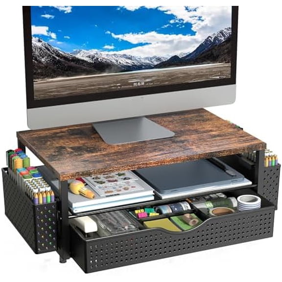 Desk Organizer and Accessories, Computer Monitor Stand Riser with Drawer and 2 Pen Holders, Office Desk Accessories & Workspace Organizers for Office Supplies (Wood)