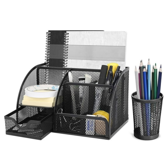 Desk Organizer Accessories Desktop Tabletop Sorter Shelf Pencil Holder Caddy Set (Black)
