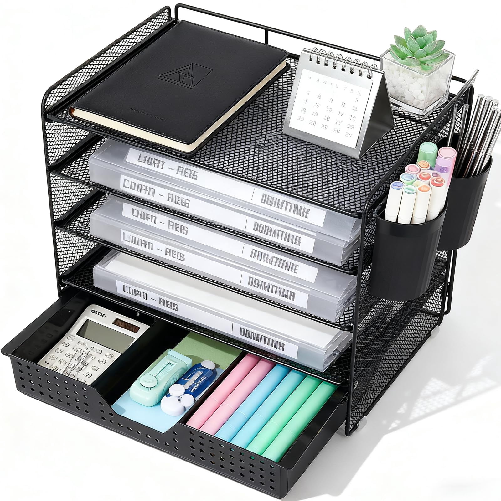 Desk Organizer And Accessories  5-tier Paper Letter Tray With Drawer & 2 Pen Holders For Desktop File Organization Office Supplies Storage (black)