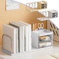 thumbnail image 1 of Desk Organizer with Bookends, Desktop Storage Box with 2 Drawers 3 Top Compartments and 4 Bookends, Detachable Desk Accessories Organizer for Home Office Supplies (Beige), 1 of 7