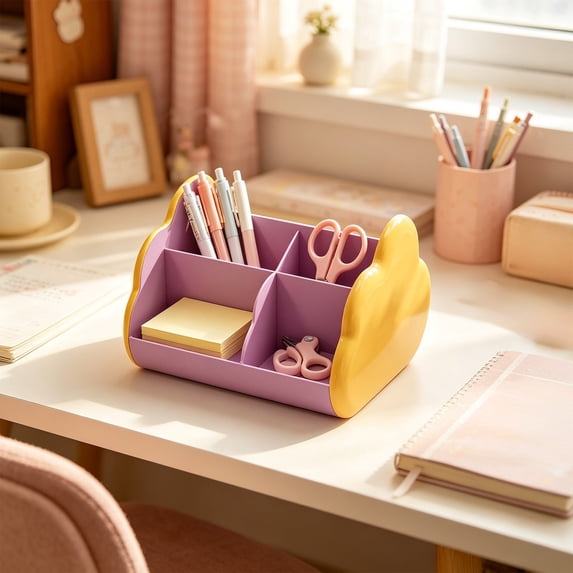 Desk Organizer Box with 4 Compartments, Plastic Makeup Organizer, Pen Holder for Desktop Storage, Desk Organization for Home, Office Supplies, Cute Cloud Shape