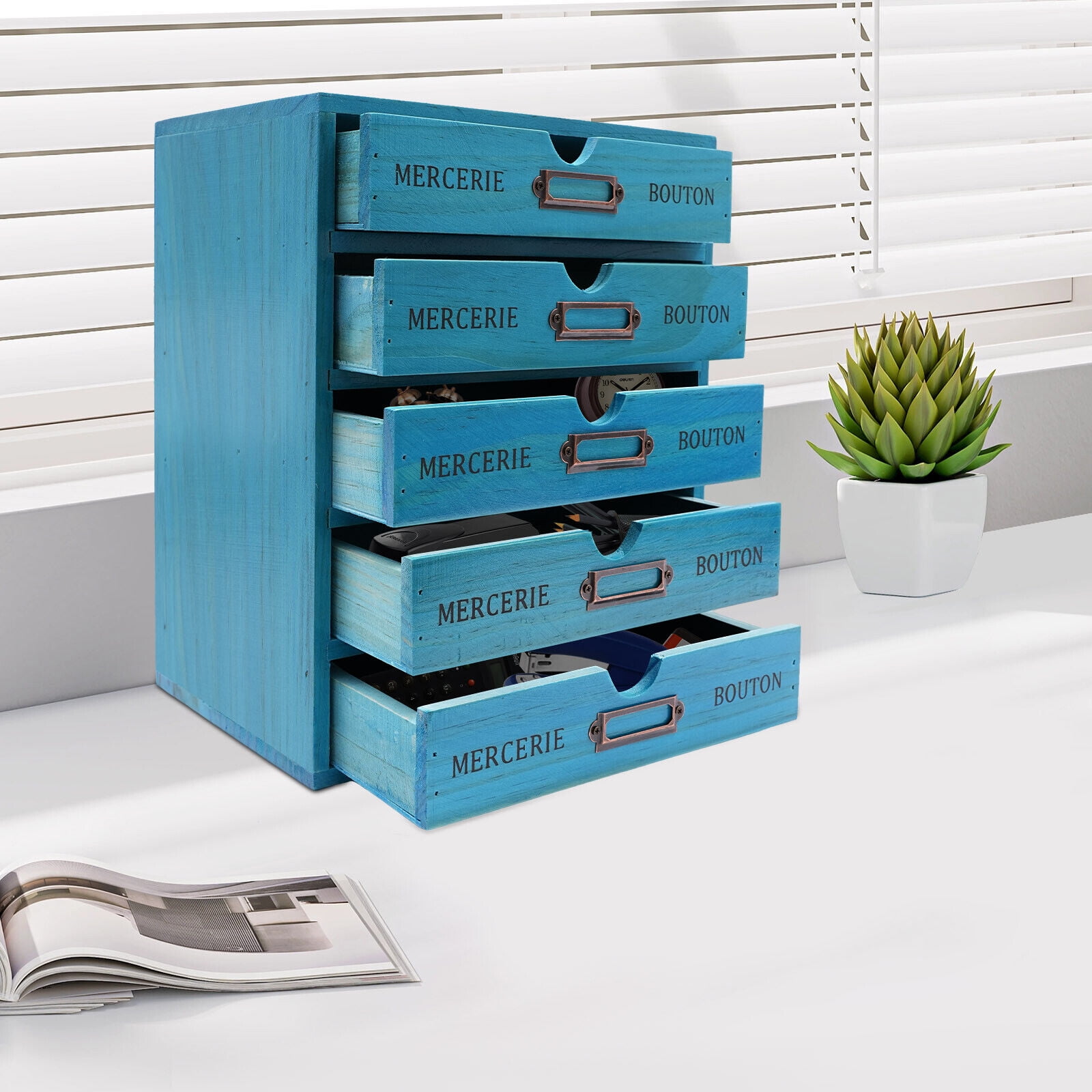 5-Tier Blue Vintage Pine Wood Drawer Cabinet Desk Organizer Box File Drawer Organizer Living Rooms Bedrooms