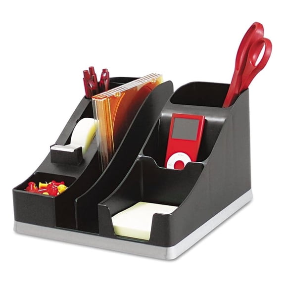 Desk Organizer Caddy, 6 Compartments - Black/Silver Office Supplies Storage, File Folder Holder, Tape Dispenser, Cell Phone Stand