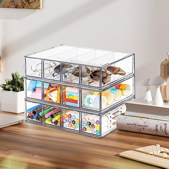 3-Tier Clear Plastic Desk Organizer, 12 Drawer Storage Box,Stackable for Office Supplies, Craft Room, Makeup, Jewelry, Small Parts, Minimalist Design