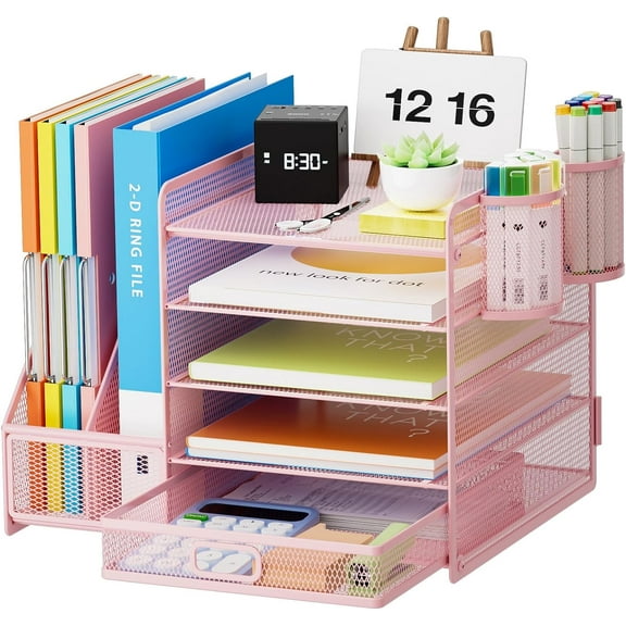Desk Organizer with Document Holder, Paper Letter Tray Organizer with Drawer and Mesh Desktop Organizer with Magazine Rack for Office Supplies