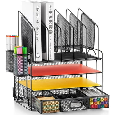 Marbrasse  Desk Organizer with Drawer, 4-Tier Mesh Desk File Organizer with 5 Vertical File Holders and 2 Pen Holders, Multifunction Desktop Organizer,Desk Organizers and Accessories for Home Office
