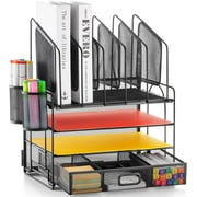 Desk Organizer with Drawer, 4-Tier Mesh Desk File Organizer with 5 Vertical File Holders and 2 Pen Holders, Multifunction Desktop Organizer,Desk Organizers and Accessories for Home Office