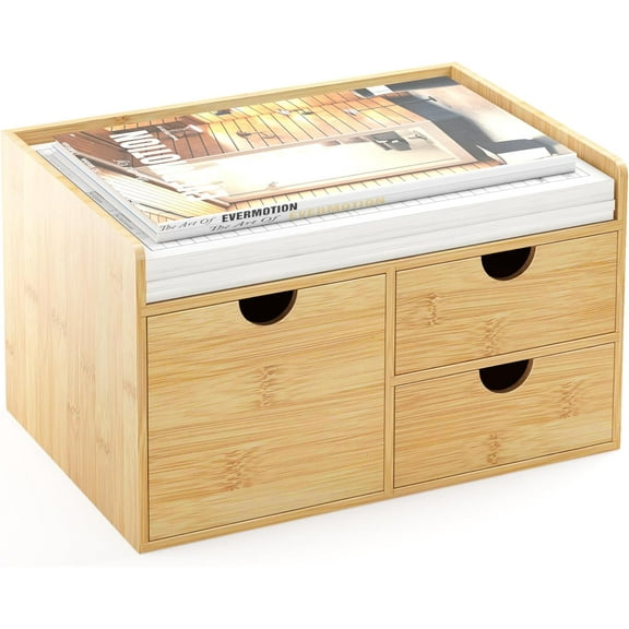 Desk Organizer with Drawers - Bamboo Desktop Organizer Storage | Wood Desk Drawers Organizer for Bills, Office Supplies, Cosmetics, Seals No Assembly Required (3 Drawer with Big Drawer)