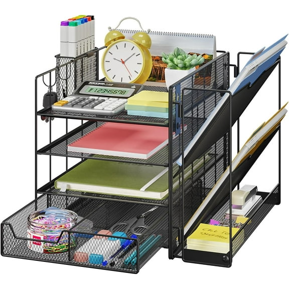 Desk Organizer with File Holder, 3-Tier Mesh Paper Letter Tray and 3 Tilted File Sorter for Office Supplies, Workspace Organizers Mesh Desktop Organizer,Black