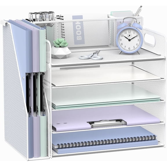 INTIGE 5 Tier Desk File Organizer with File Rack, Pen Holders, Metal Paper Organizer, White, 1 Piece