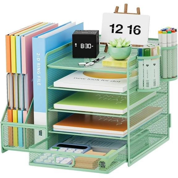 Desk Organizer with File Holder, 5-Tier Paper Letter Tray Organizer with Drawer and 2 Pen Holder, Mesh Desktop Organizer and Storage with Magazine Holder for Office Supplies(Black)