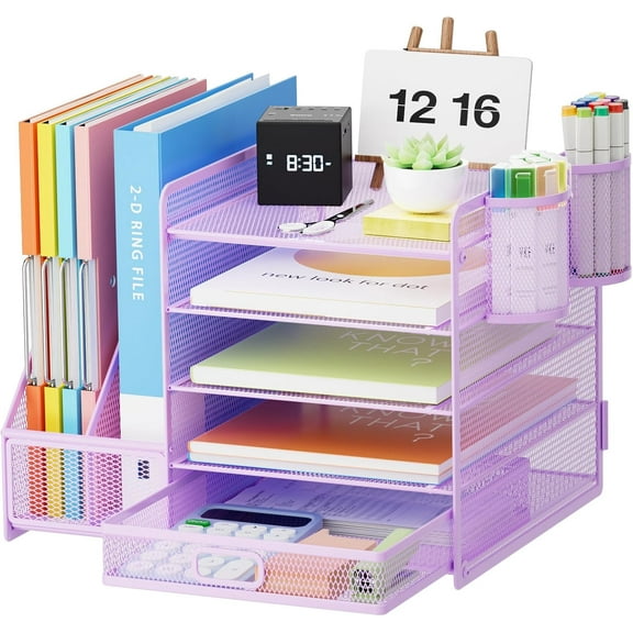 Desk Organiser with File Holder, 5-Tier Paper Letter Tray Organiser with Drawer and 2 Pen Holder, Mesh Desktop Organizer and Storage with Magazine Holder for Office Supplies(White)