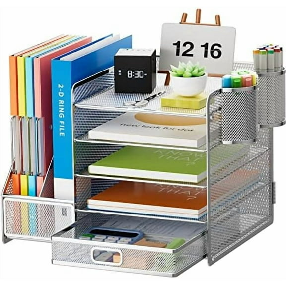 Desk Organizer with File Holder, 5-Tier Paper Letter Tray Organizer with Drawer and 2 Pen Holder, Mesh Desktop Organizer and Storage with Magazine Holder for Office Supplies (Silver)