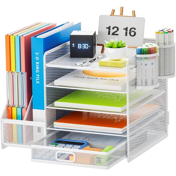 Desk Organizer with File Holder, 5-Tier Paper Letter Tray Organizer with Drawer and 2 Pen Holder, Mesh Desktop Organizer and Storage with Magazine Holder for Office Supplies(Black)