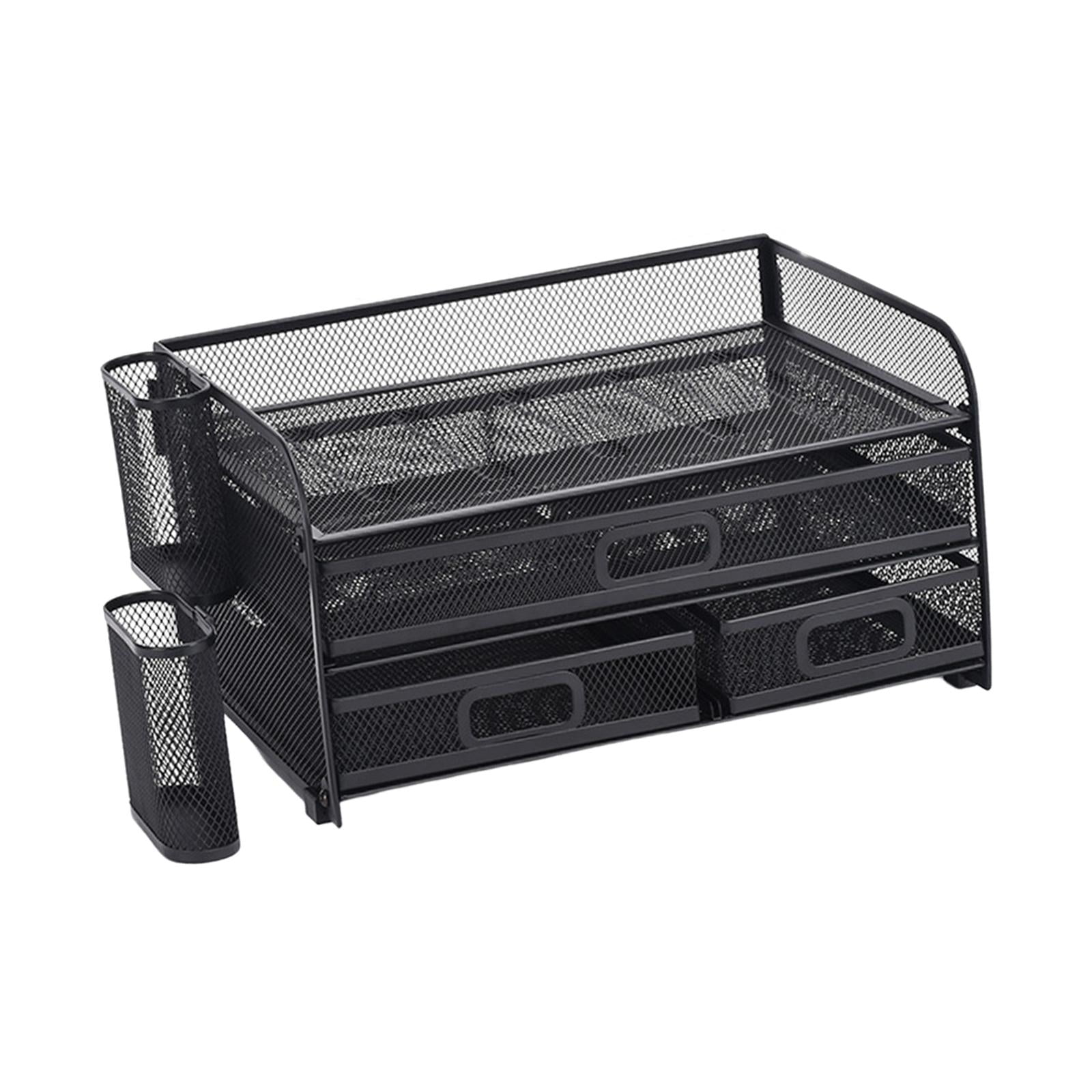 Desk Organizer File Holder Mesh Desktop File Sorter Organizer Office Accessories Organization Metal Folding Document File Tray Rack Desktop with Pencil Holders