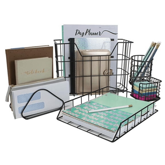 Desk Organizer, Hangable Book File Manager, Letter Tray, 5-Piece Set Black