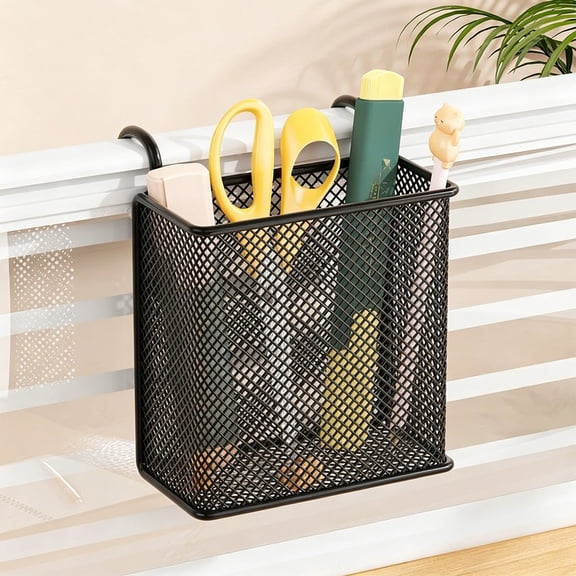 Desk Organizer with Hook Pen Holder Letter Style Stationery Storage Rack for Home Office Supplies - Metal Mesh Organizer for Small Desk, 2 Compartment Desktop Caddy