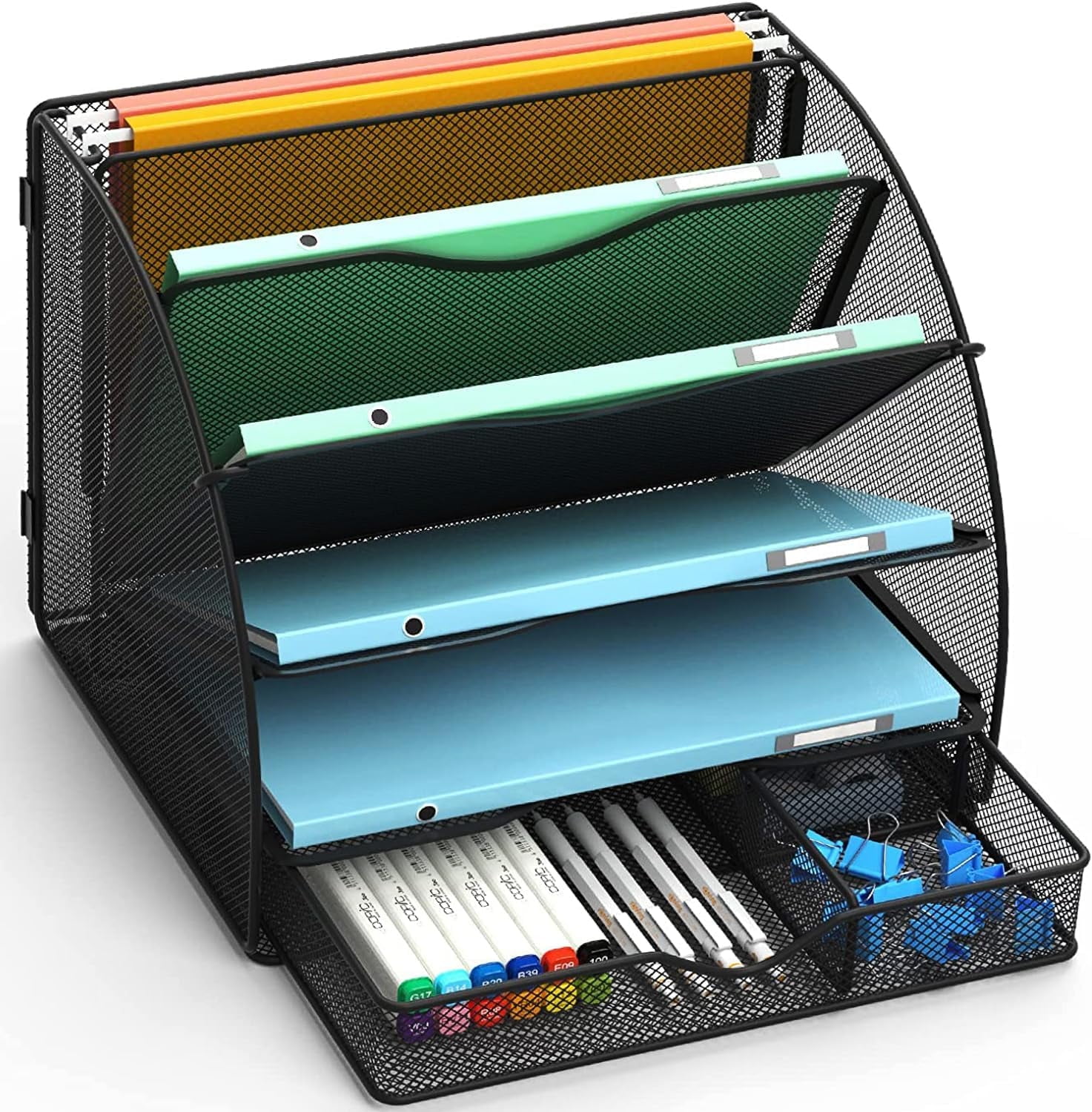 Desk Organizer, Fan Shaped Desk File Organizer 5-Tier with Drawer, Mesh Desk Organizers and Accessories for Office Supplies Home or School, Black