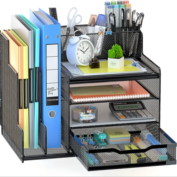 Desk Organizer with Mesh File Holder, 4-Tier Office Supplies Desk Organizers and Accessories with Sliding Drawers & Pen Holder, Desk File Organizer and Storage for Office, School, Home, Black