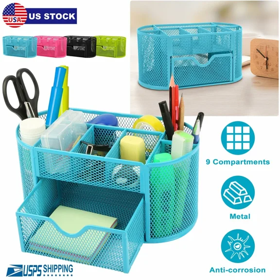 Desk Organizer Metal Mesh Office Pen Pencil Holder Storage Desktop Tray Blue
