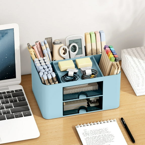 Desk Organizer, Multi-Functional 2 Drawer Desk Caddy, 5 Compartments Plastic Storage Box For Office Supplies Study Accessories, Blue