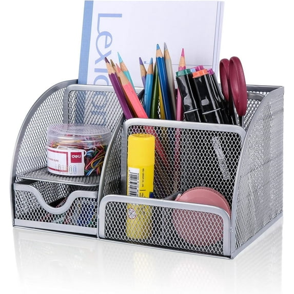 Desk Organizer Office Accessories,Scheam Multi-Functional Mesh Desk Organizer with 6 Compartments and 1 Drawer for Home, Office, Workshop, kitchen (Silver)