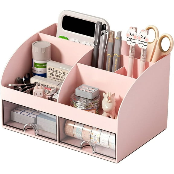 Desk Organizer, Office Desk Accessories, Pen Organizer with 6 Compartments and 2 Drawers, Multi-Functional Pencil Holder for Desk, Desk Organizers and Accessories for Office Art, Pink