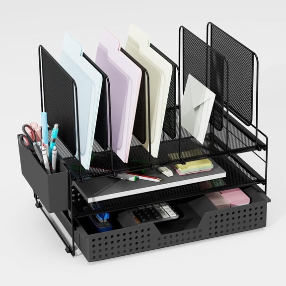 Desk Organizer, Office Organization with Vertical File Holder, File Organizer with Drawer and Pen Holder, Desk Accessories and Workspace Organizers for Office (Black)