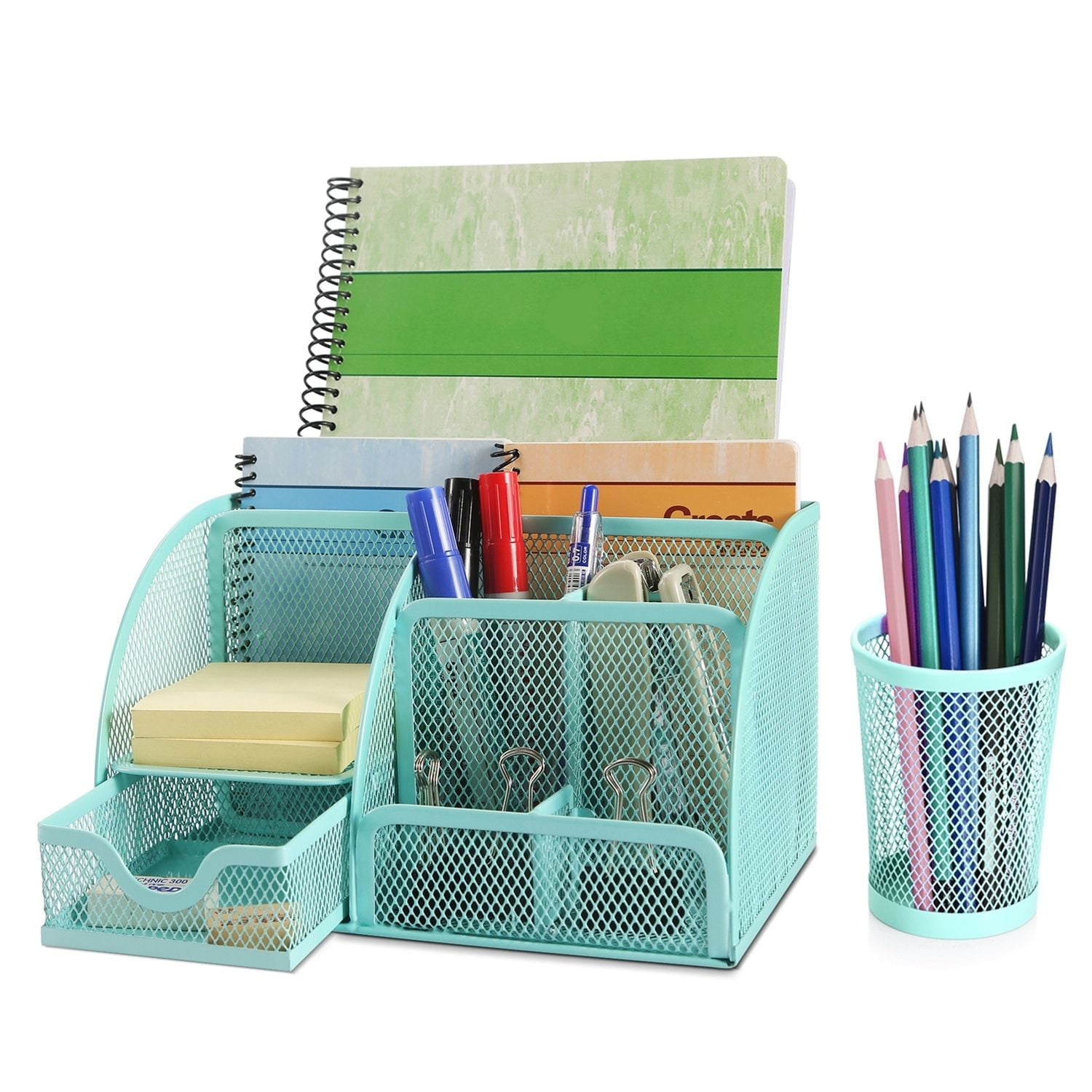 Flexzion Desk Organizer Office Supplies Accessories Desktop Tabletop Sorter Shelf Pencil Holder Caddy Set - Metal Mesh with Drawer and 6 Compartments
